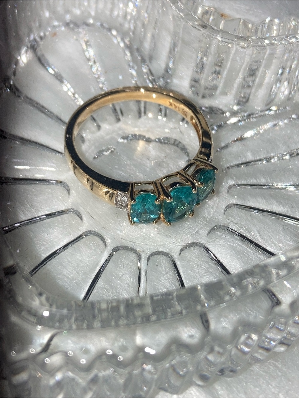 Estate Jewelry- JTC 14k Gold Band Ring with Three Teal Gemstones